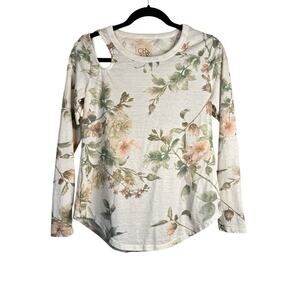 Chaser Women's Cut Out Shoulder Long Sleeve Floral Pullover Top Sz M Cream NWOT